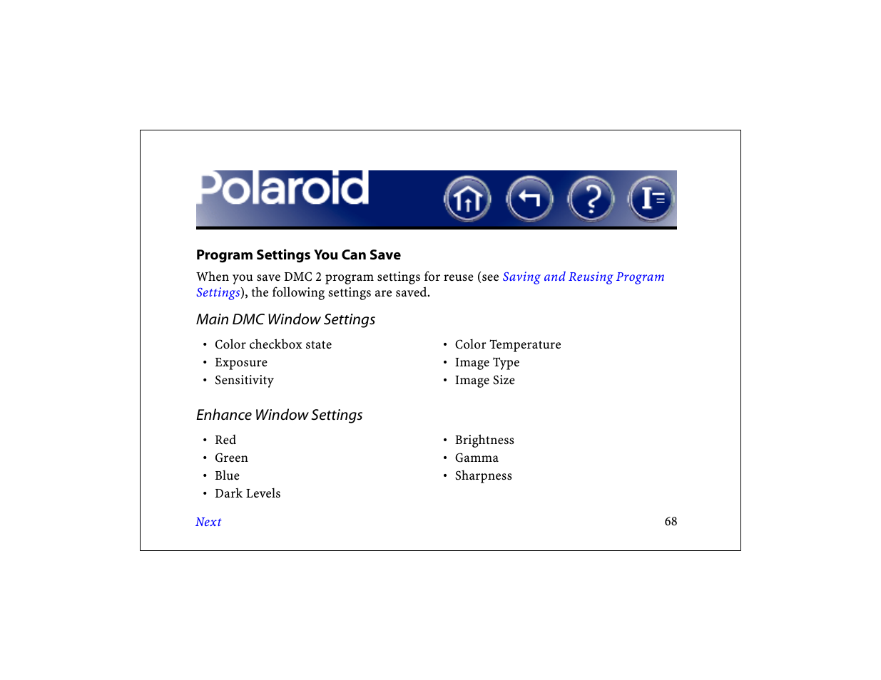 Program settings you can save | Polaroid DCM 2 Online User Manual | Page 69 / 153