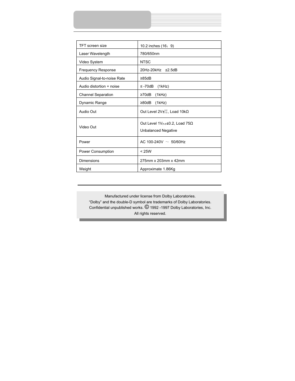 Specifications | Polaroid PDM-1058 User Manual | Page 38 / 39