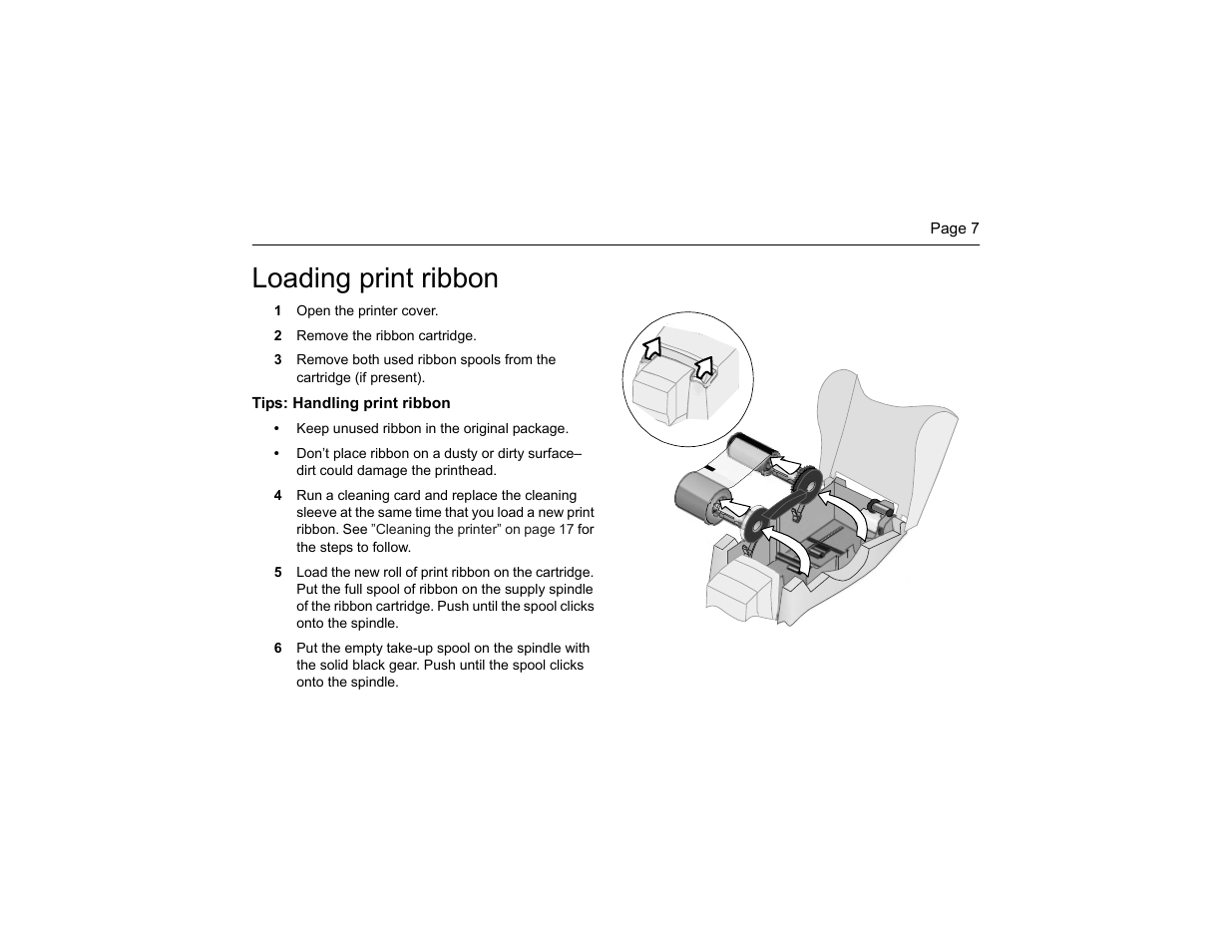 Loading print ribbon, 1 open the printer cover, 2 remove the ribbon cartridge | Tips: handling print ribbon | Polaroid P4000 User Manual | Page 10 / 30