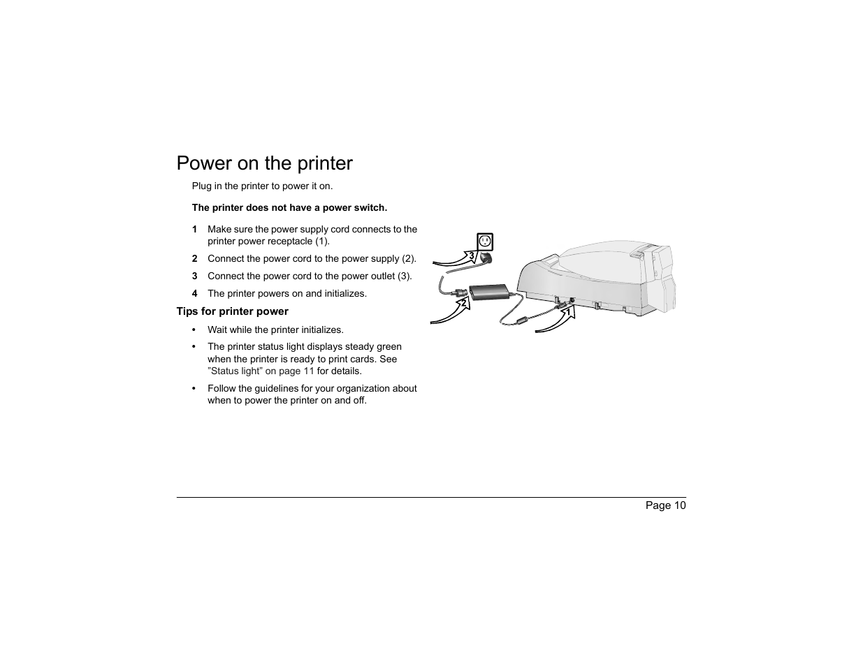 Power on the printer, 2 connect the power cord to the power supply (2), 3 connect the power cord to the power outlet (3) | 4 the printer powers on and initializes, Tips for printer power | Polaroid P4000 User Manual | Page 13 / 30