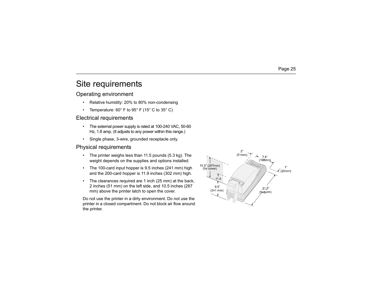 Site requirements, Operating environment, Electrical requirements | Physical requirements | Polaroid P4000 User Manual | Page 28 / 30