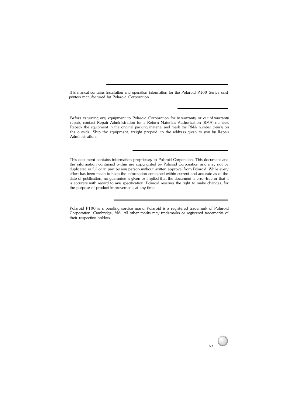 Return materials authorization copyright notice, Foreword, Trademarks | Polaroid P100 User Manual | Page 2 / 52