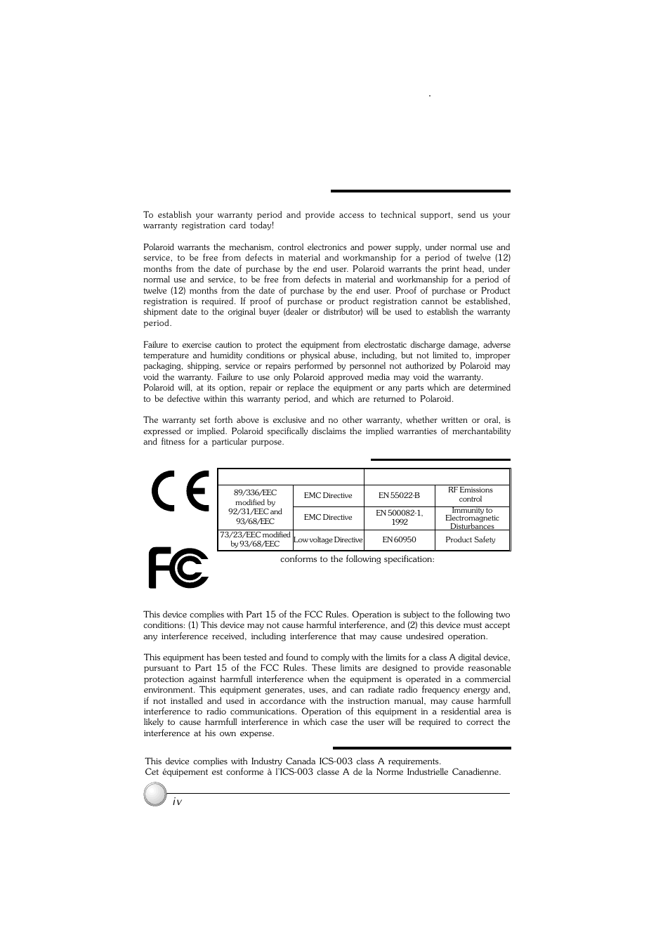 Warranty information, Declarations of conformity, Industry canada notice | Polaroid P100 User Manual | Page 3 / 52