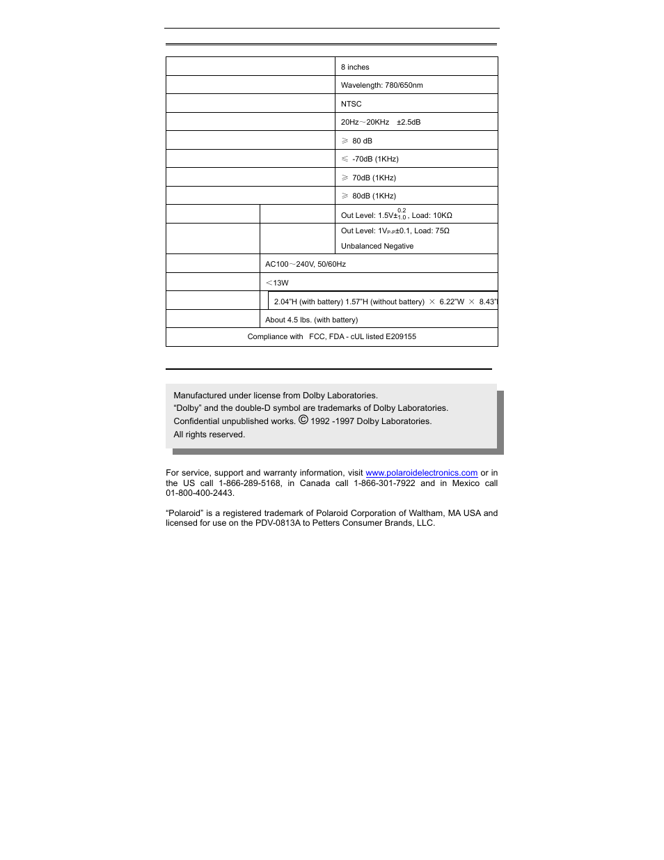Specifications | Polaroid PDV-0813A User Manual | Page 30 / 30