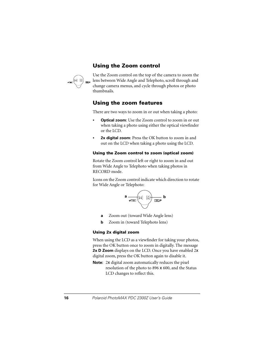 Using the zoom control, Using the zoom features | Polaroid PDC 2300Z User Manual | Page 20 / 64