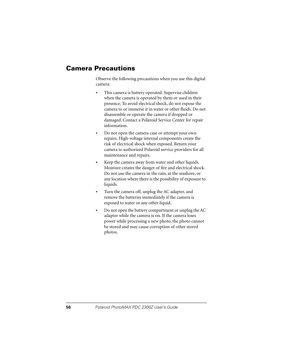 Camera precautions | Polaroid PDC 2300Z User Manual | Page 60 / 64