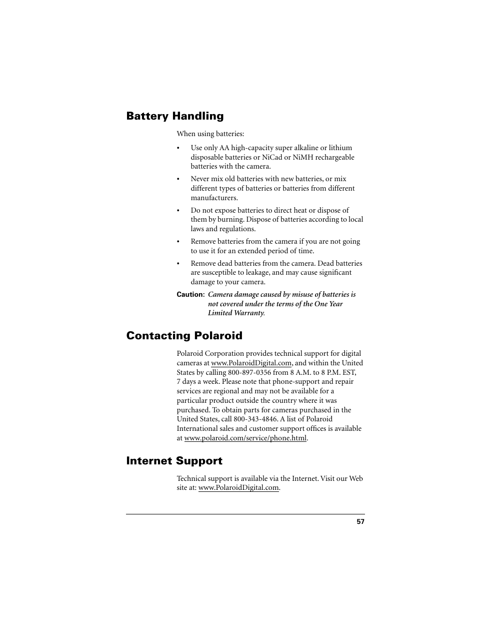 Battery handling, Contacting polaroid, Internet support | Polaroid PDC 2300Z User Manual | Page 61 / 64