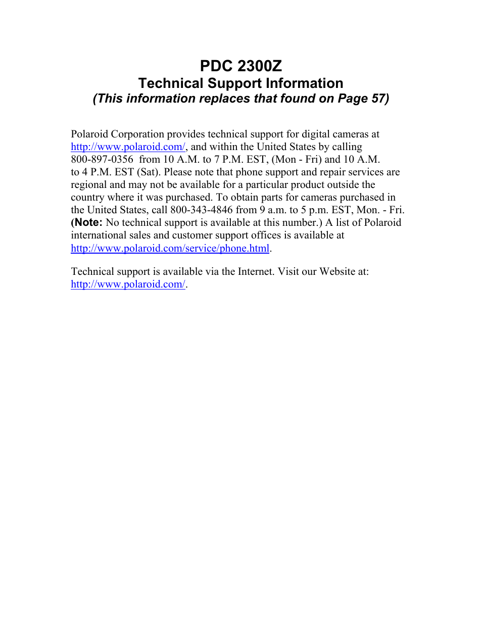 Tech support update, Pdc 2300z, Technical support information | Polaroid PDC 2300Z User Manual | Page 64 / 64