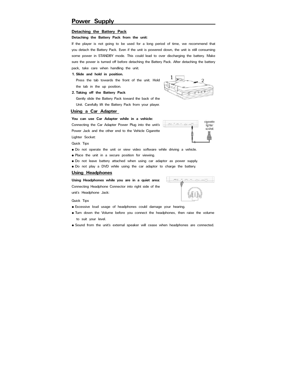 Power supply, Using a car adapter, Using headphones | Polaroid PDV-088PT User Manual | Page 15 / 29