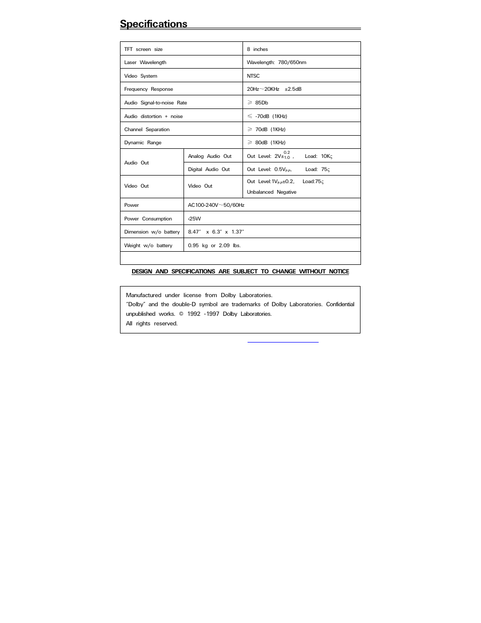 Specifications | Polaroid PDV-088PT User Manual | Page 29 / 29