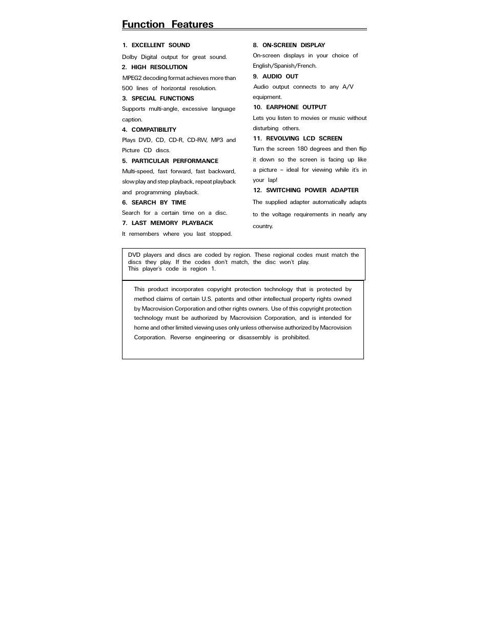 Function features | Polaroid PDV-088PT User Manual | Page 5 / 29