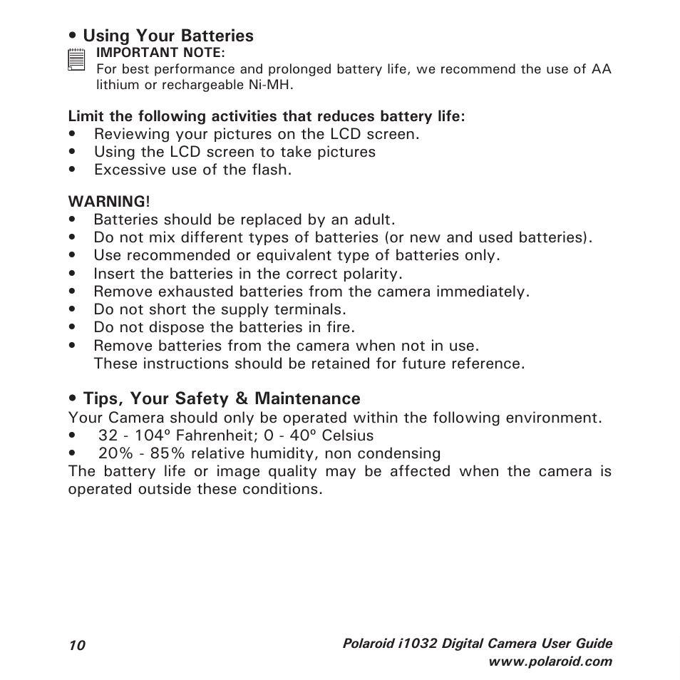 Using your batteries, Tips, your safety & maintenance | Polaroid i1032 User Manual | Page 10 / 112