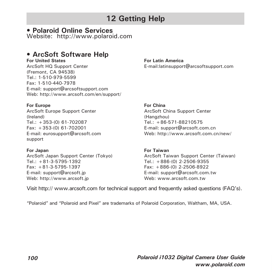 12 getting help, Polaroid online services, Arcsoft software help | Polaroid i1032 User Manual | Page 100 / 112