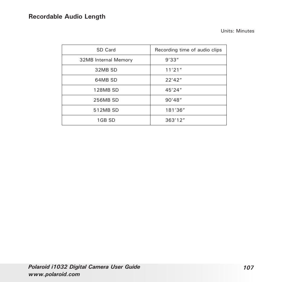 Recordable audio length | Polaroid i1032 User Manual | Page 107 / 112