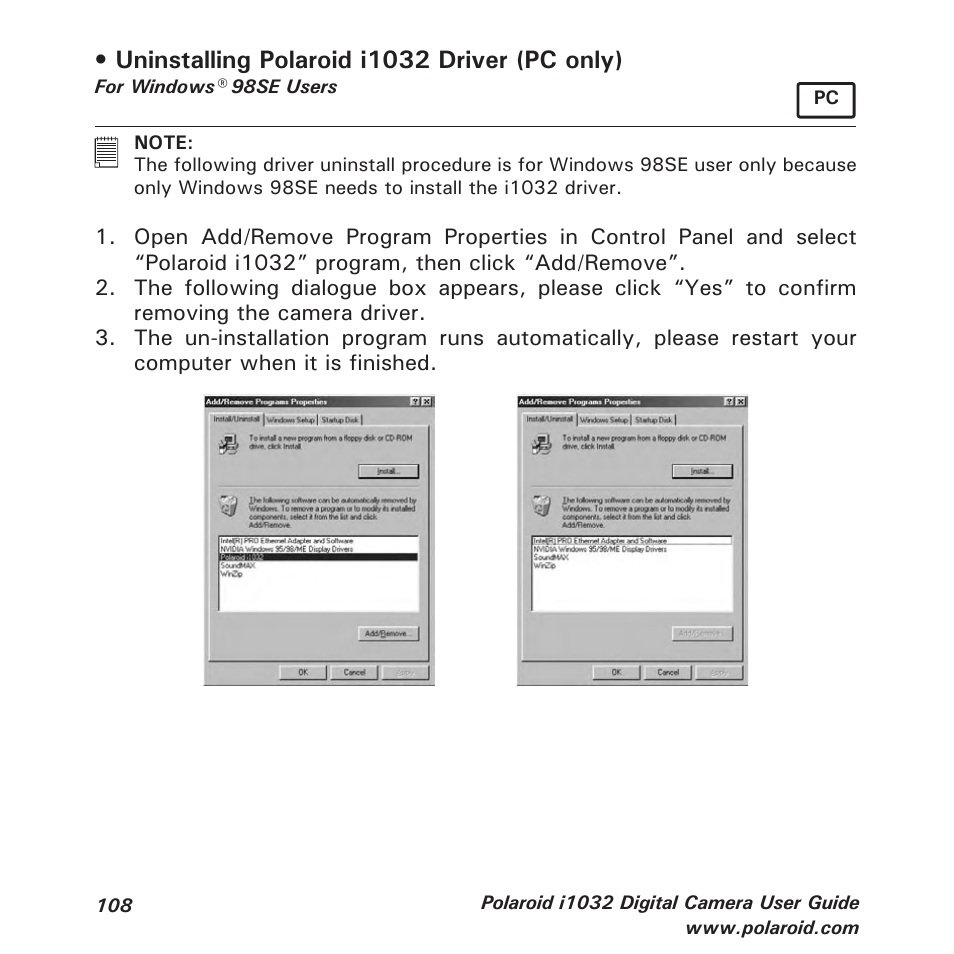 Uninstalling polaroid i1032 driver (pc only) | Polaroid i1032 User Manual | Page 108 / 112