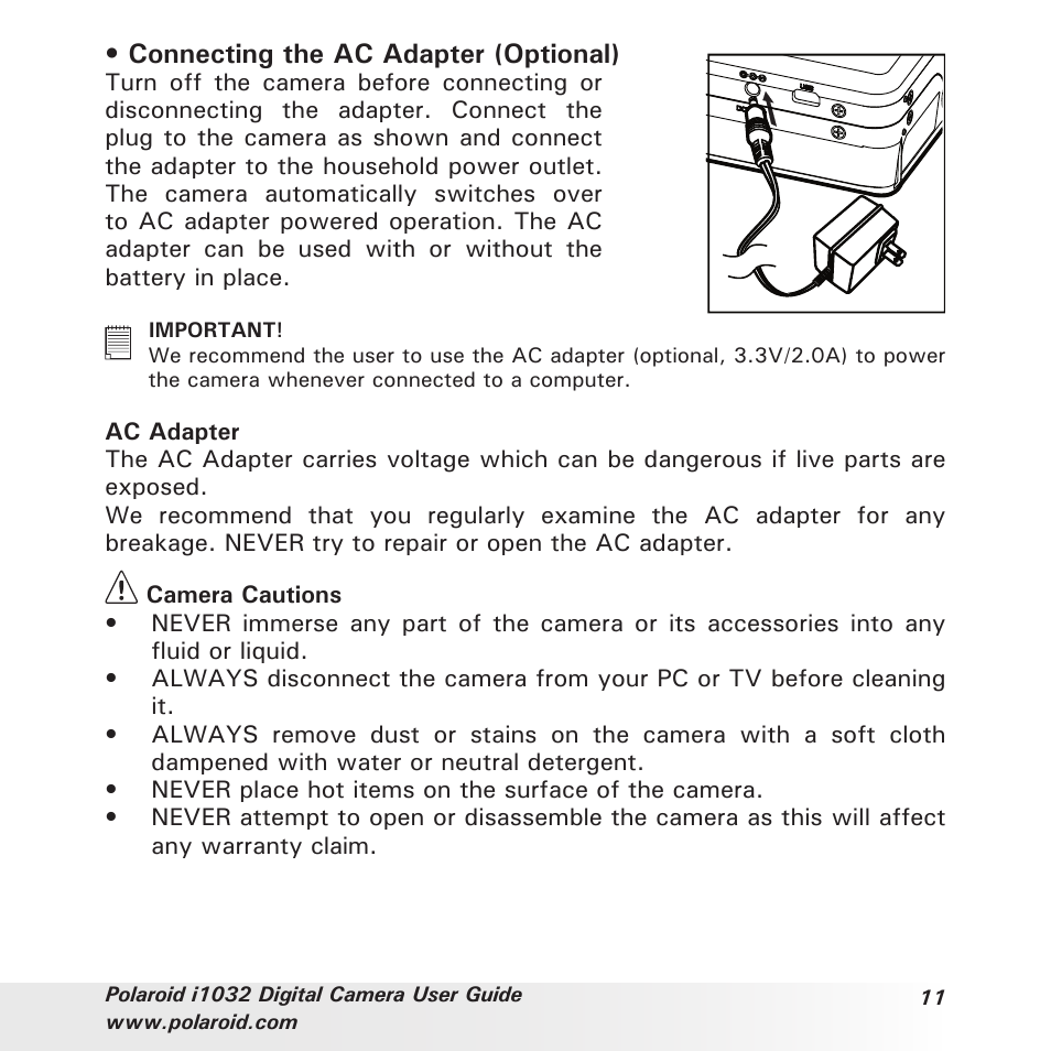 Connecting the ac adapter (optional) | Polaroid i1032 User Manual | Page 11 / 112