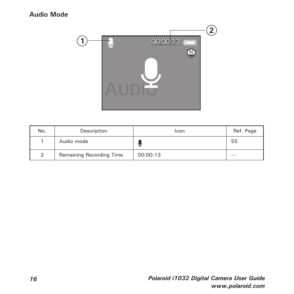 Audio mode | Polaroid i1032 User Manual | Page 16 / 112