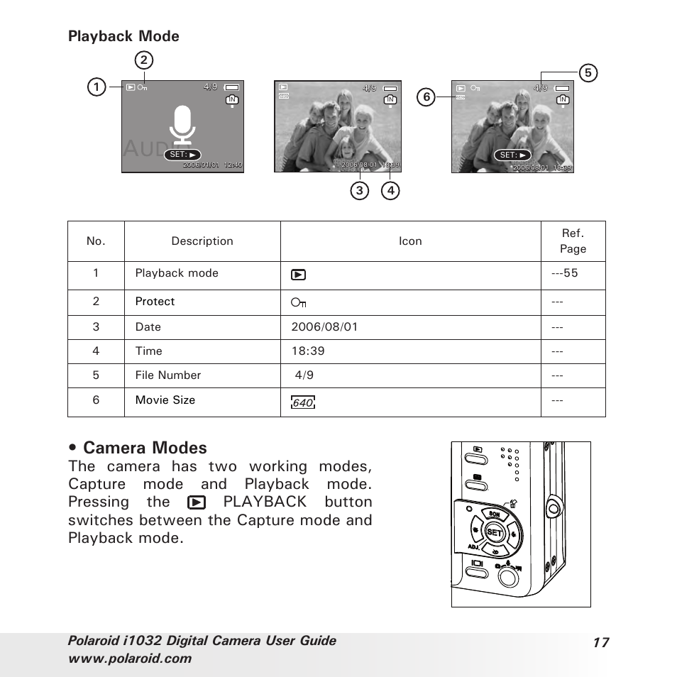 Camera modes, Playback mode | Polaroid i1032 User Manual | Page 17 / 112