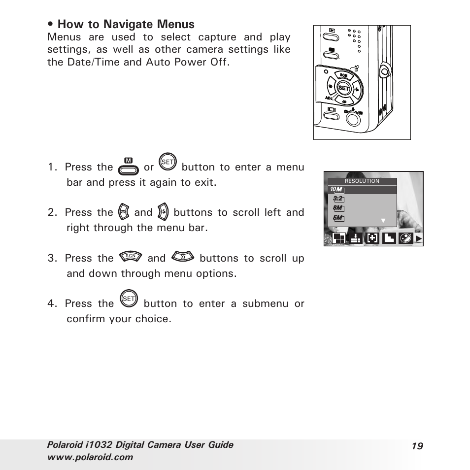 How to navigate menus | Polaroid i1032 User Manual | Page 19 / 112