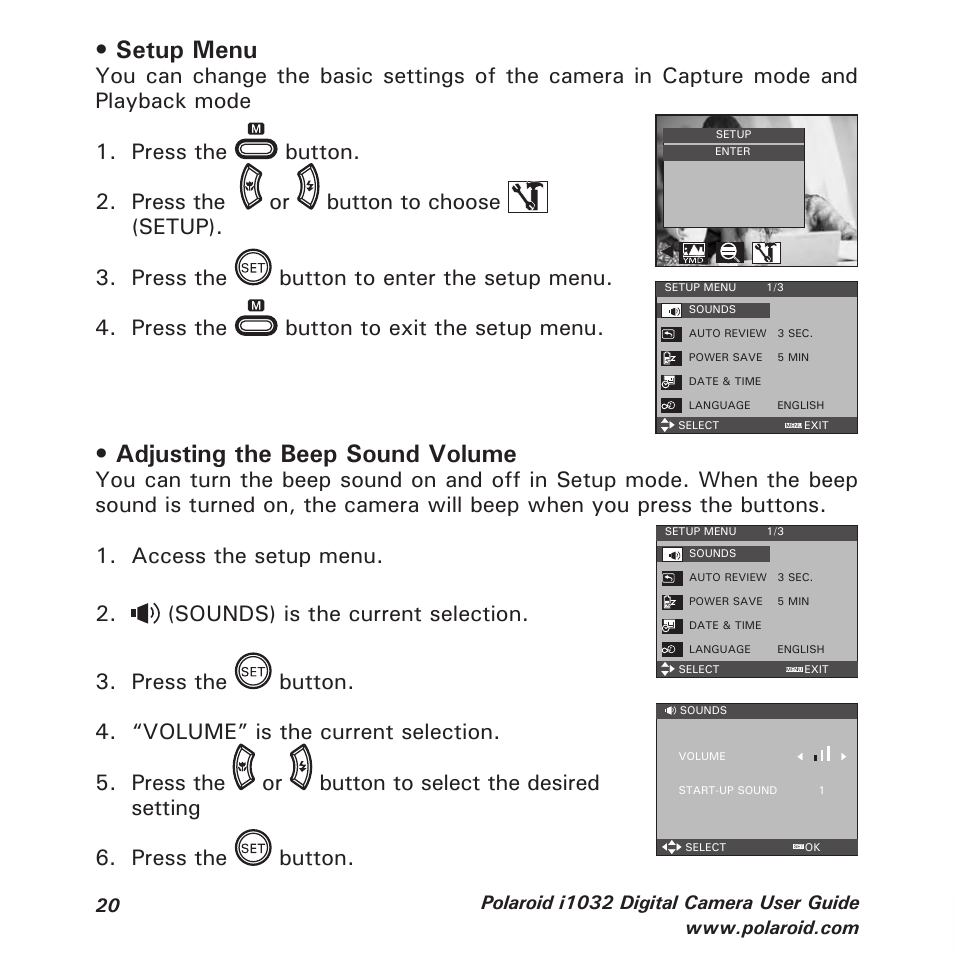 Setup menu, Adjusting the beep sound volume, Press the button | Polaroid i1032 User Manual | Page 20 / 112
