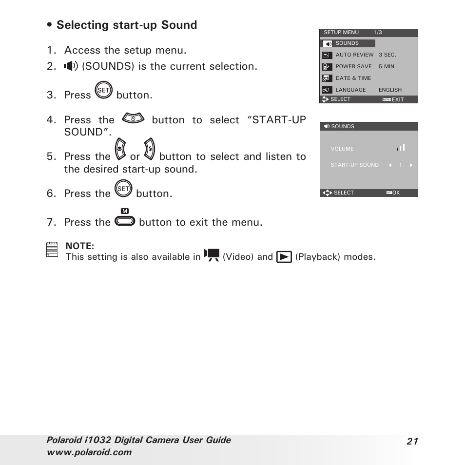 Selecting start-up sound | Polaroid i1032 User Manual | Page 21 / 112