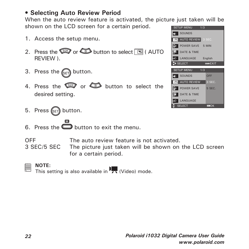 Selecting auto review period | Polaroid i1032 User Manual | Page 22 / 112