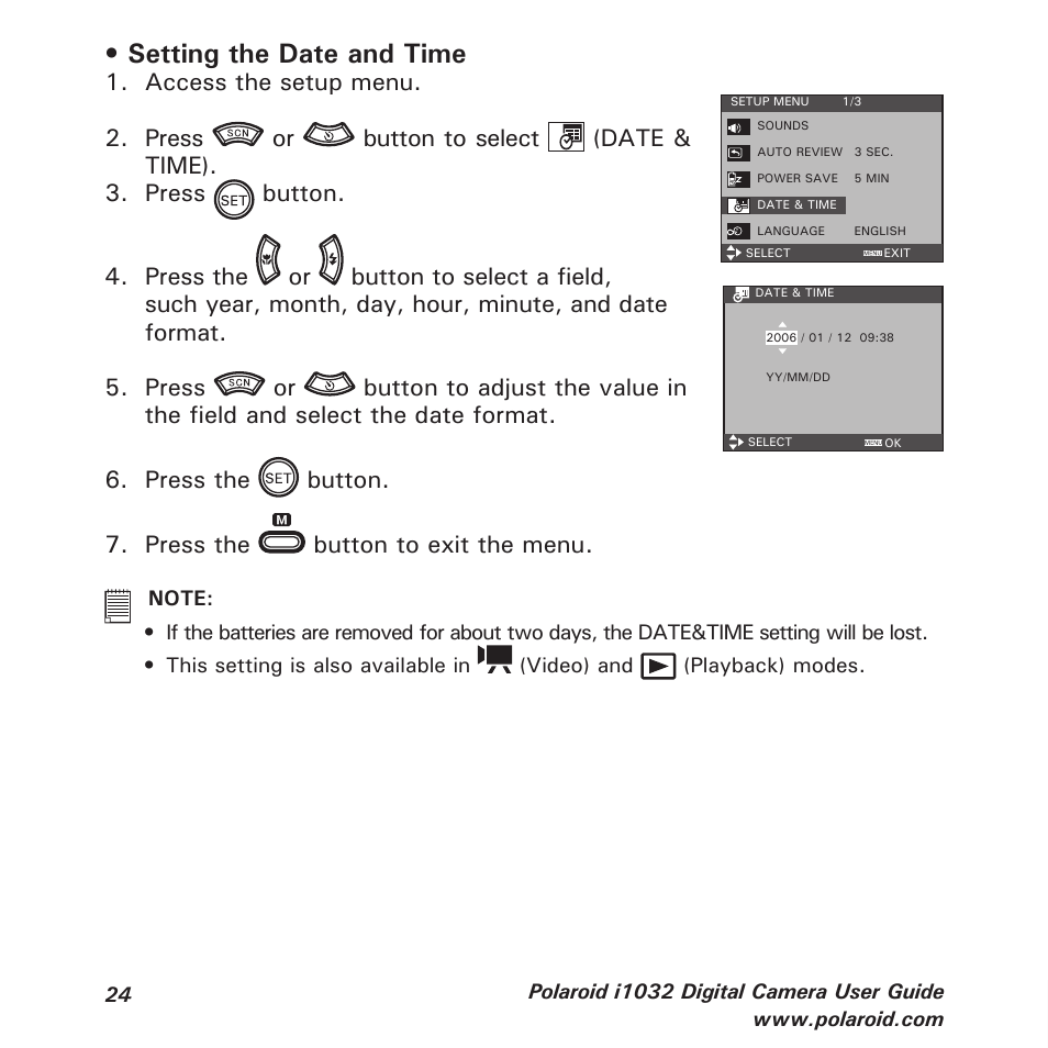 Setting the date and time, Access the setup menu | Polaroid i1032 User Manual | Page 24 / 112
