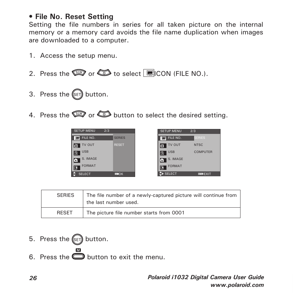 File no. reset setting | Polaroid i1032 User Manual | Page 26 / 112