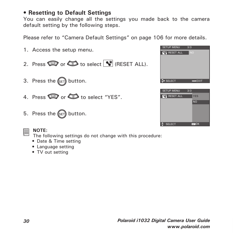 Resetting to default settings | Polaroid i1032 User Manual | Page 30 / 112