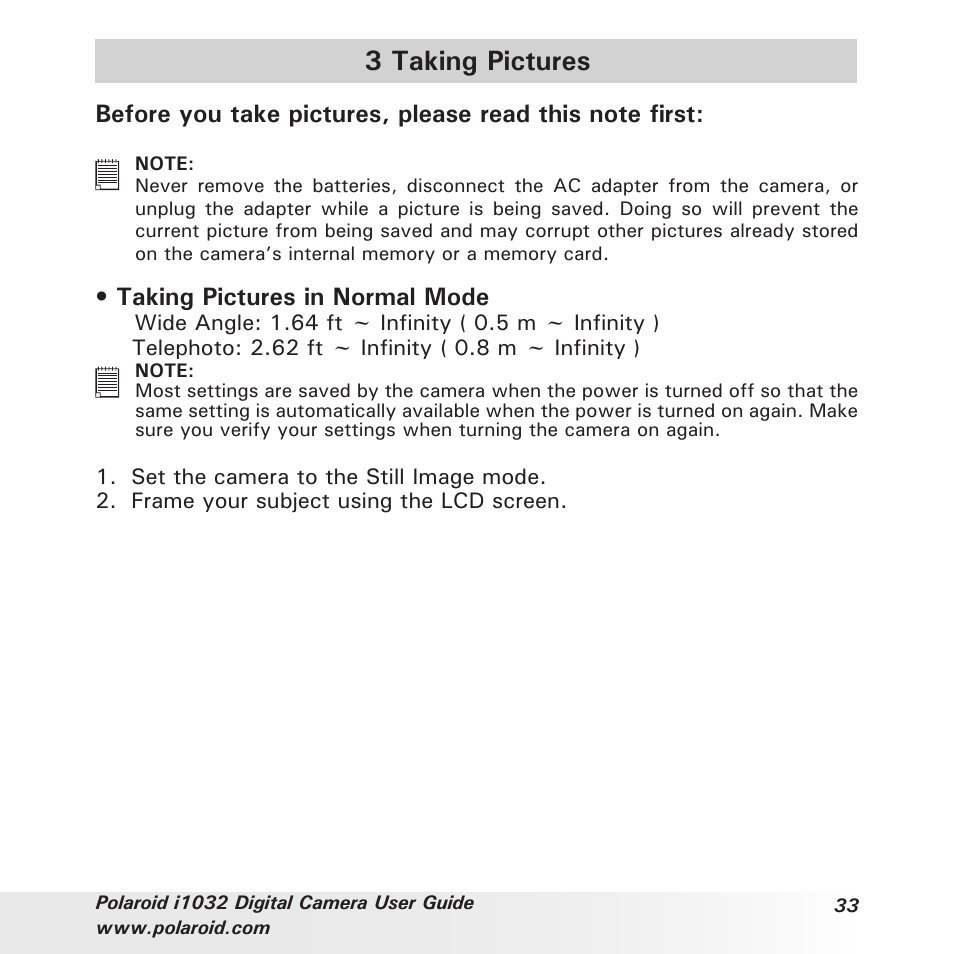 3 taking pictures, Taking pictures in normal mode | Polaroid i1032 User Manual | Page 33 / 112