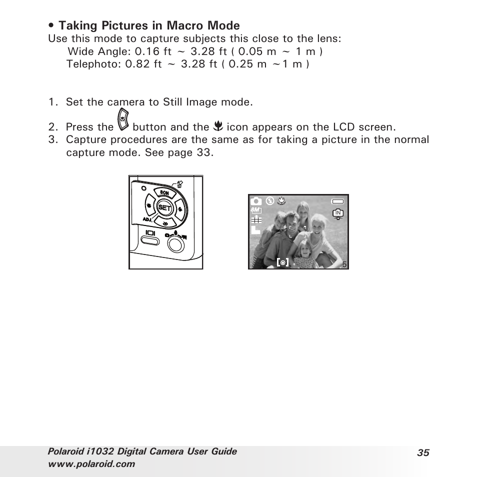 Taking pictures in macro mode | Polaroid i1032 User Manual | Page 35 / 112
