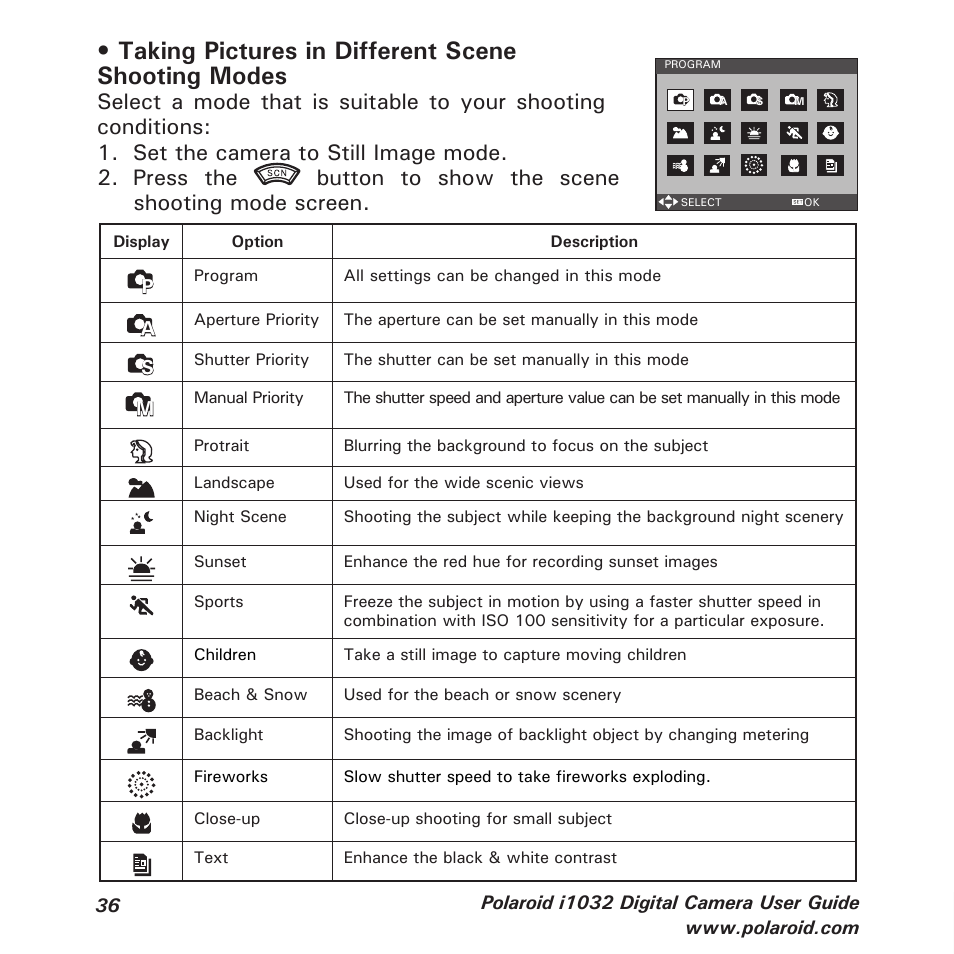 Taking pictures in different scene shooting modes | Polaroid i1032 User Manual | Page 36 / 112