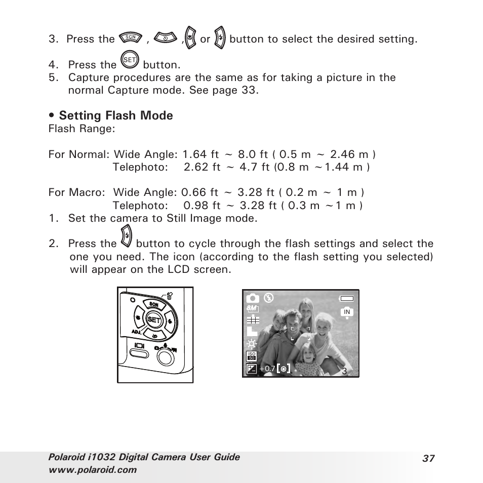 Setting flash mode | Polaroid i1032 User Manual | Page 37 / 112