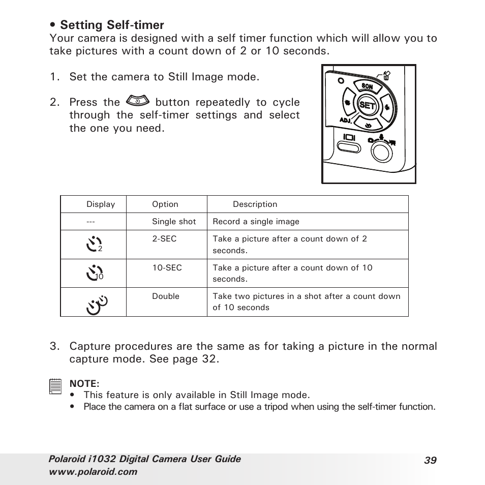 Setting self-timer | Polaroid i1032 User Manual | Page 39 / 112