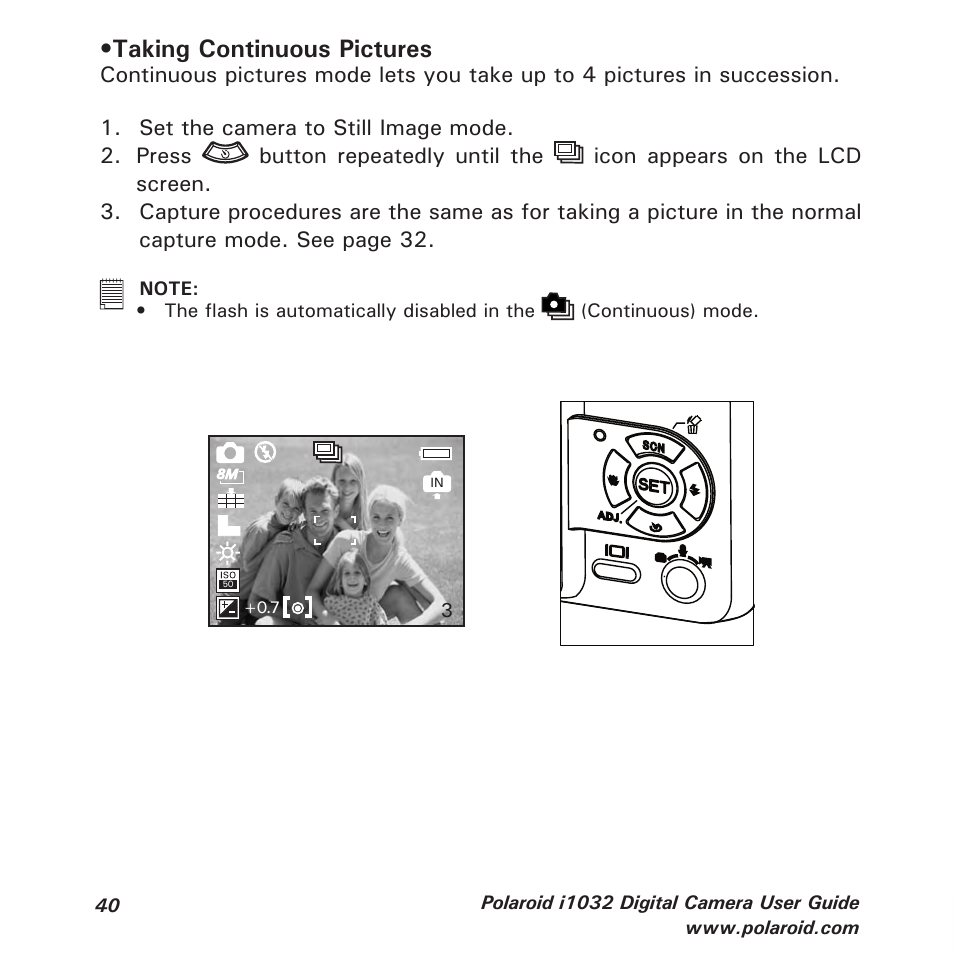 Taking continuous pictures | Polaroid i1032 User Manual | Page 40 / 112