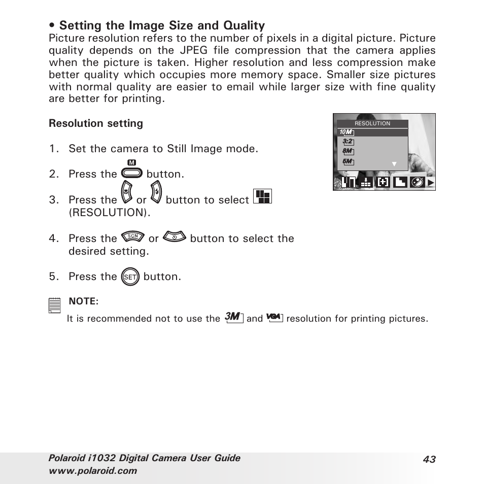 Setting the image size and quality | Polaroid i1032 User Manual | Page 43 / 112