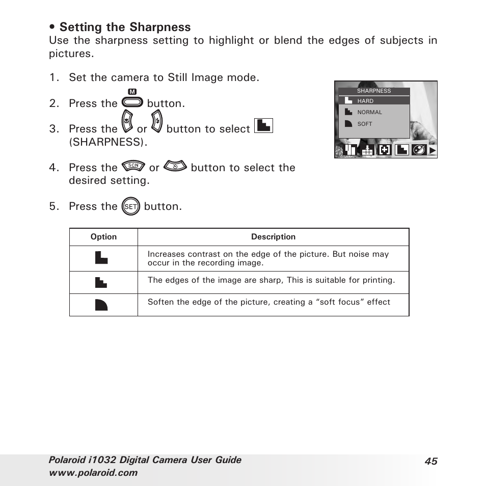 Setting the sharpness | Polaroid i1032 User Manual | Page 45 / 112
