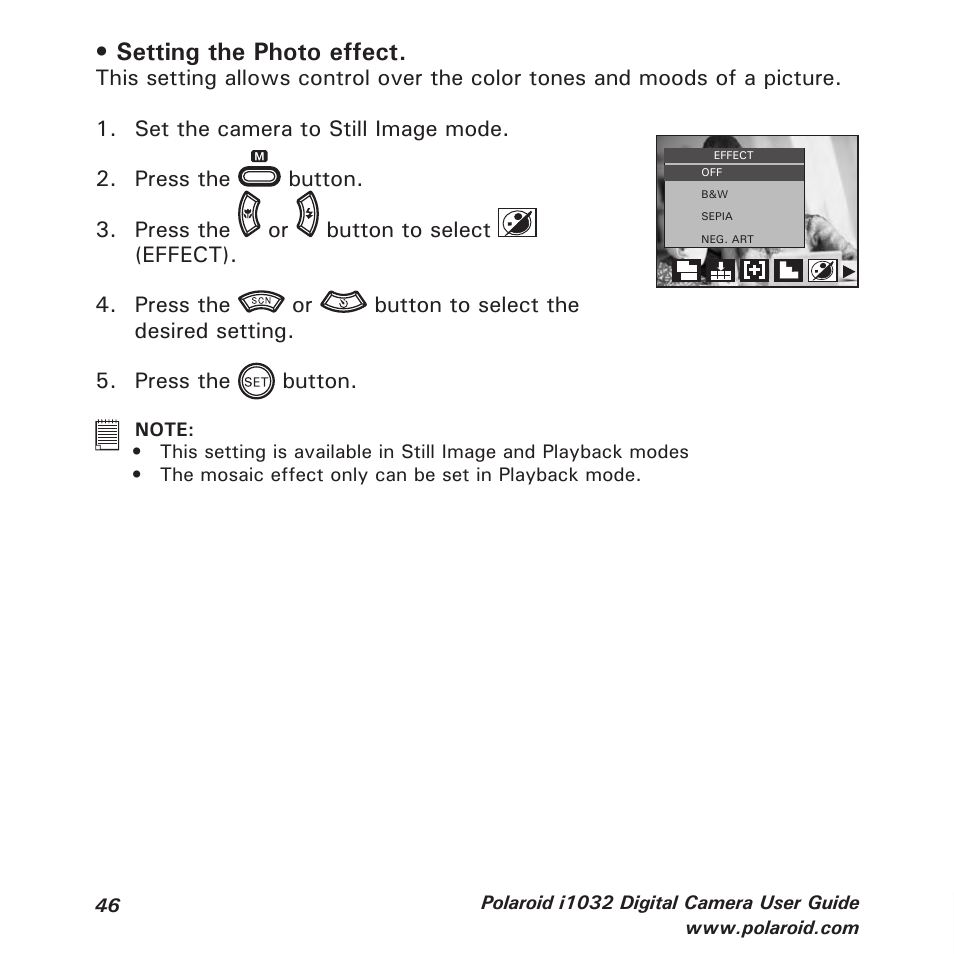 Setting the photo effect | Polaroid i1032 User Manual | Page 46 / 112