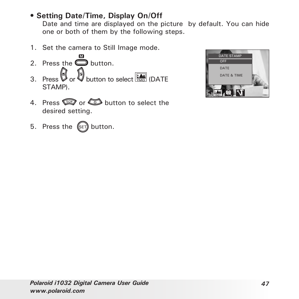 Setting date/time, display on/off | Polaroid i1032 User Manual | Page 47 / 112