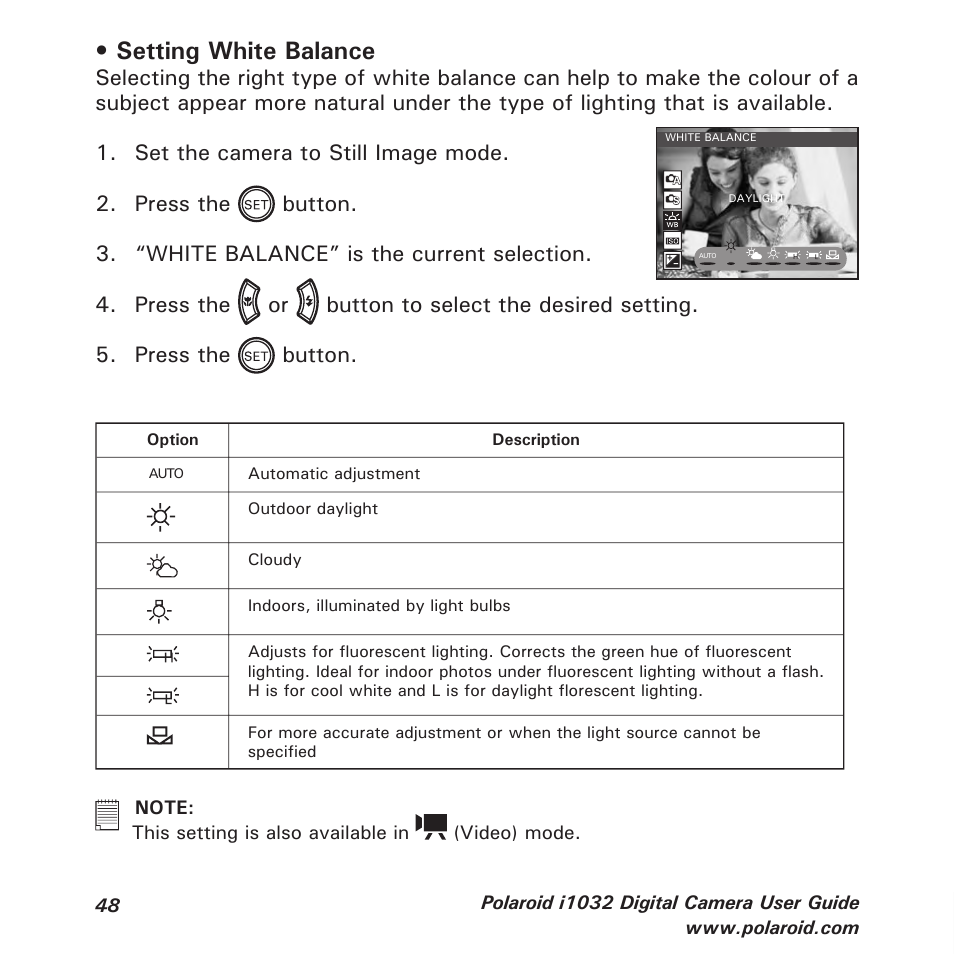 Setting white balance | Polaroid i1032 User Manual | Page 48 / 112