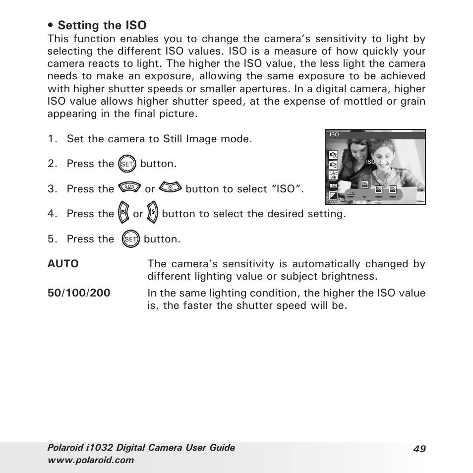 Setting the iso | Polaroid i1032 User Manual | Page 49 / 112