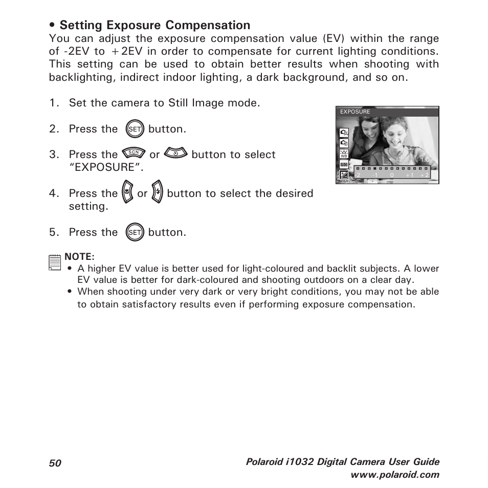 Setting exposure compensation | Polaroid i1032 User Manual | Page 50 / 112