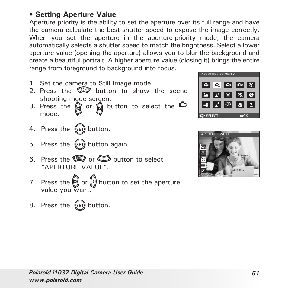 Setting aperture value | Polaroid i1032 User Manual | Page 51 / 112