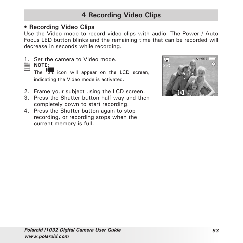 4 recording video clips, Recording video clips | Polaroid i1032 User Manual | Page 53 / 112