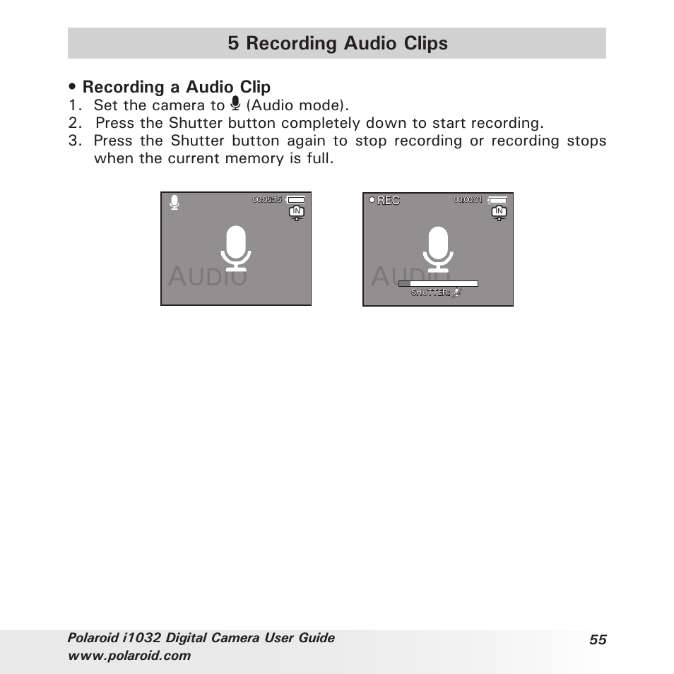 5 recording audio clips, Recording a audio clip | Polaroid i1032 User Manual | Page 55 / 112