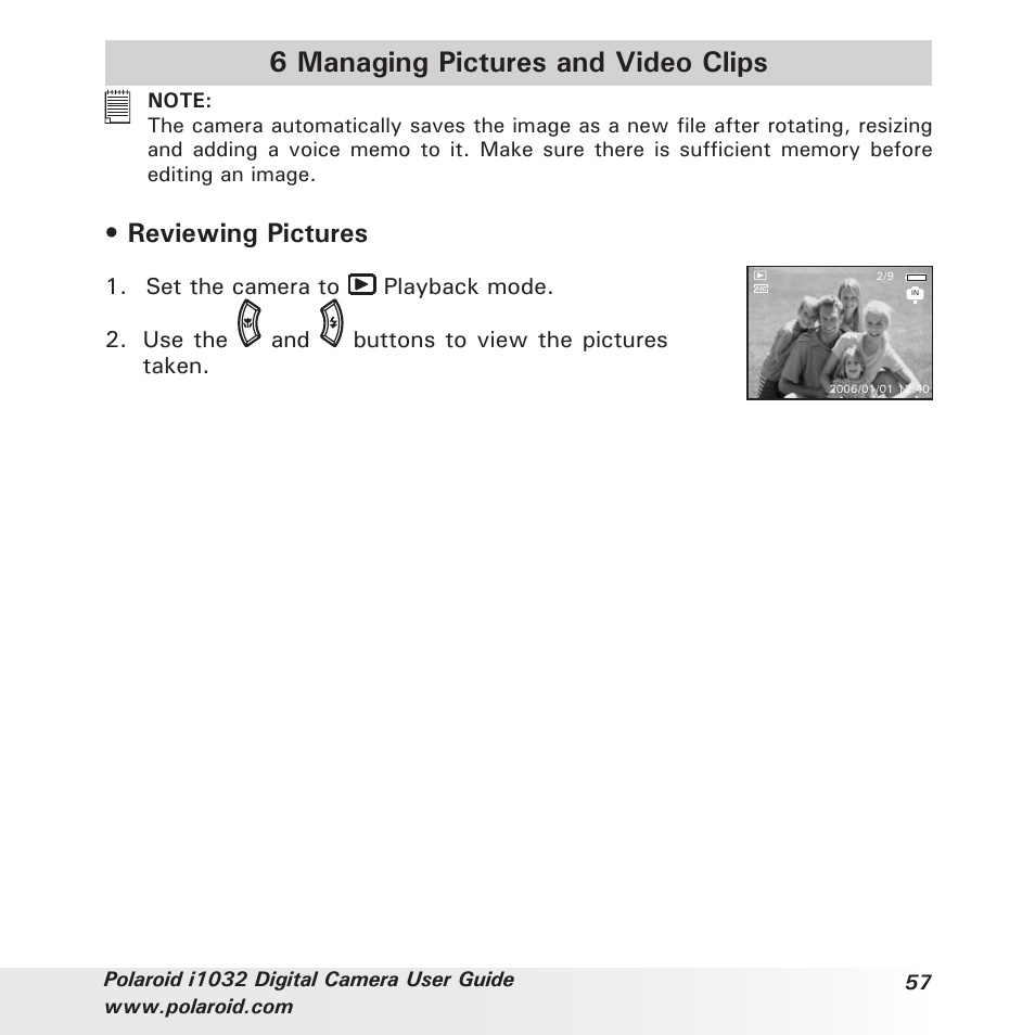 6 managing pictures and video clips, Reviewing pictures | Polaroid i1032 User Manual | Page 57 / 112