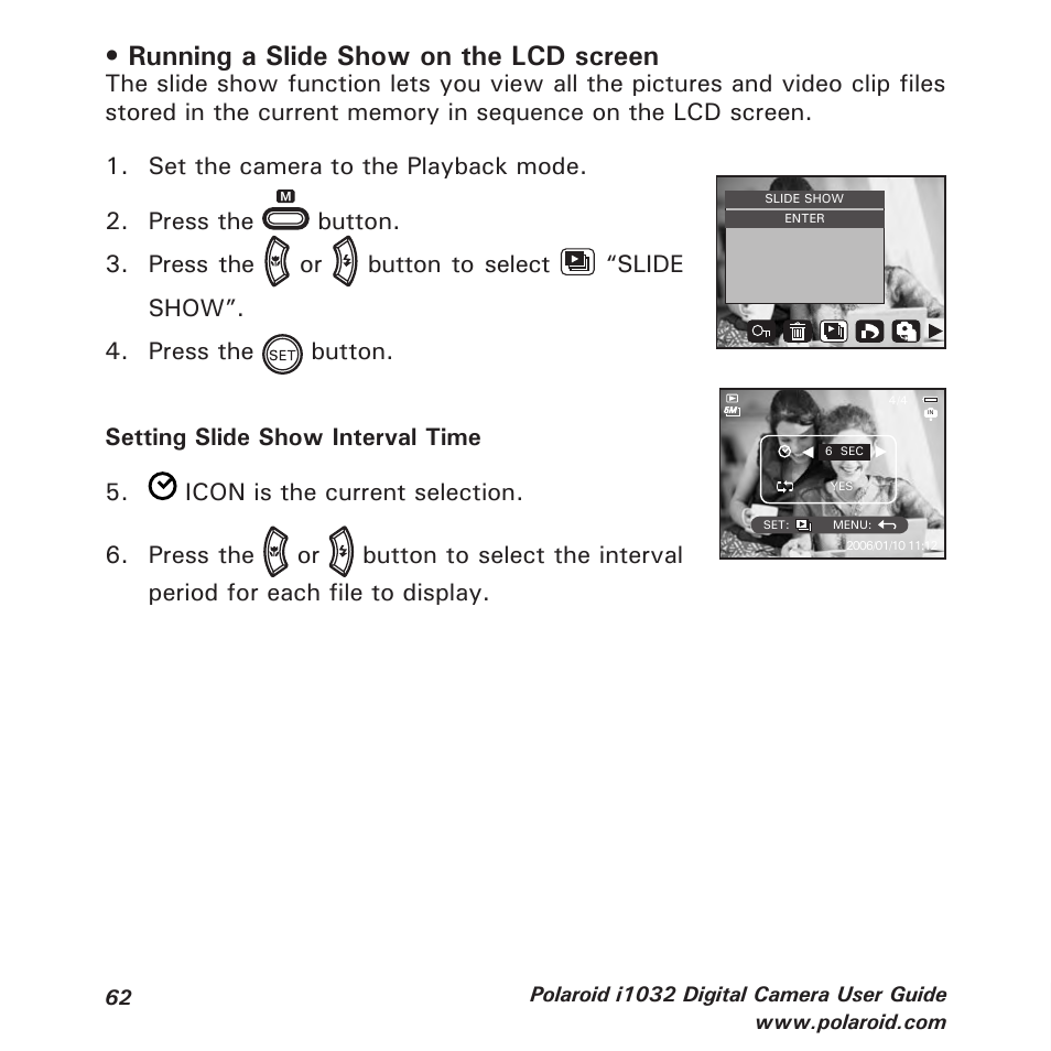 Running a slide show on the lcd screen | Polaroid i1032 User Manual | Page 62 / 112