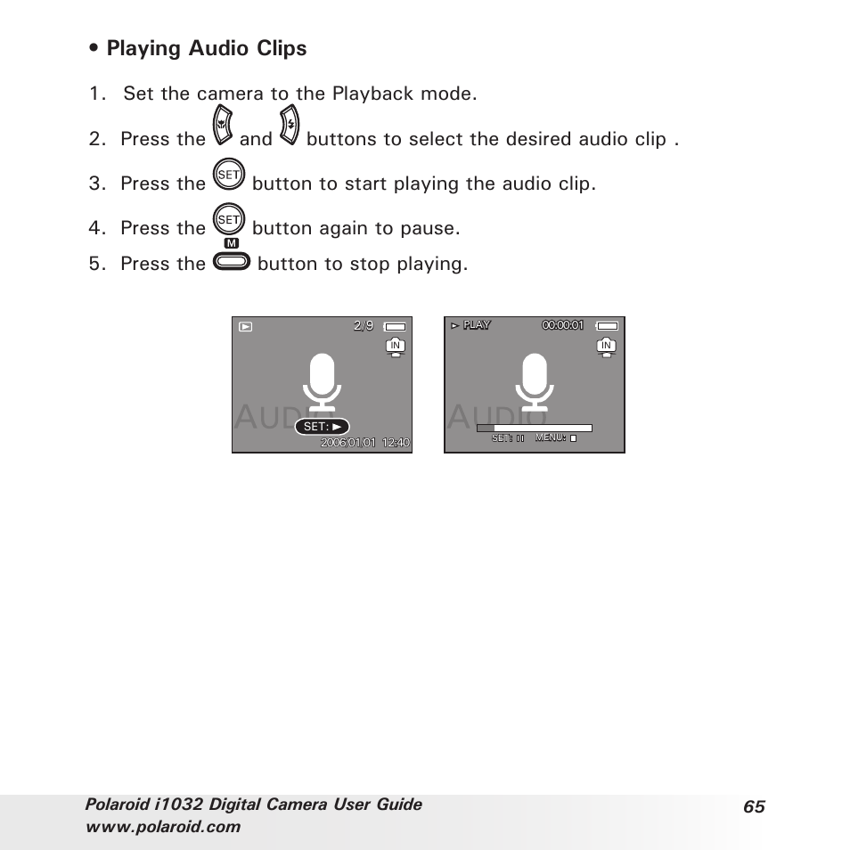 Playing audio clips | Polaroid i1032 User Manual | Page 65 / 112