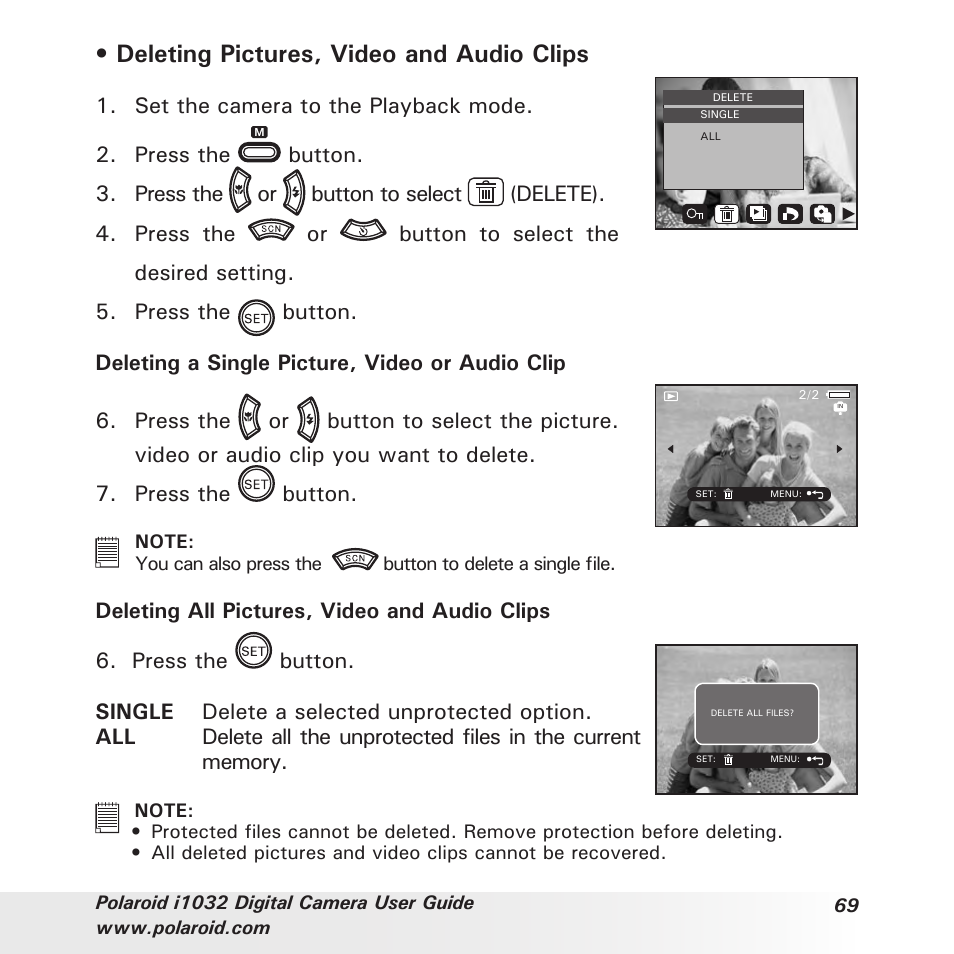 Deleting pictures, video and audio clips | Polaroid i1032 User Manual | Page 69 / 112