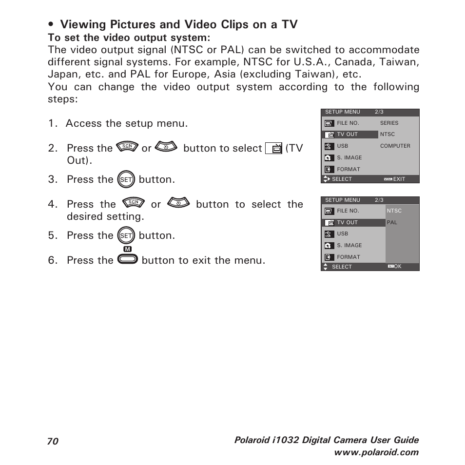 Viewing pictures and video clips on a tv, Press the button to exit the menu | Polaroid i1032 User Manual | Page 70 / 112